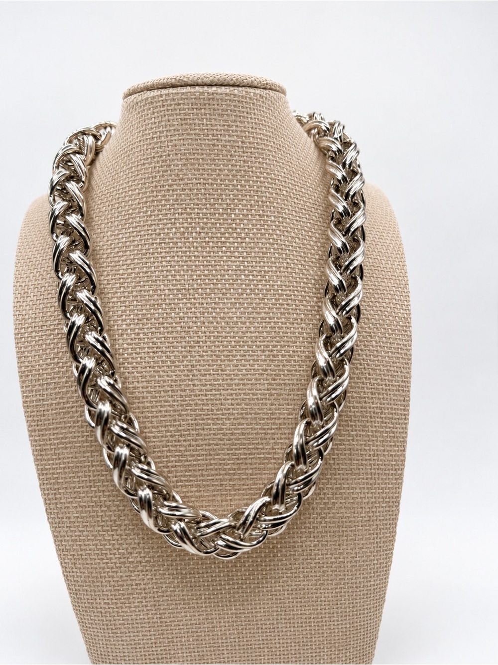 Chunky Silver-Tone Braided Chain Necklace with Toggle Clasp